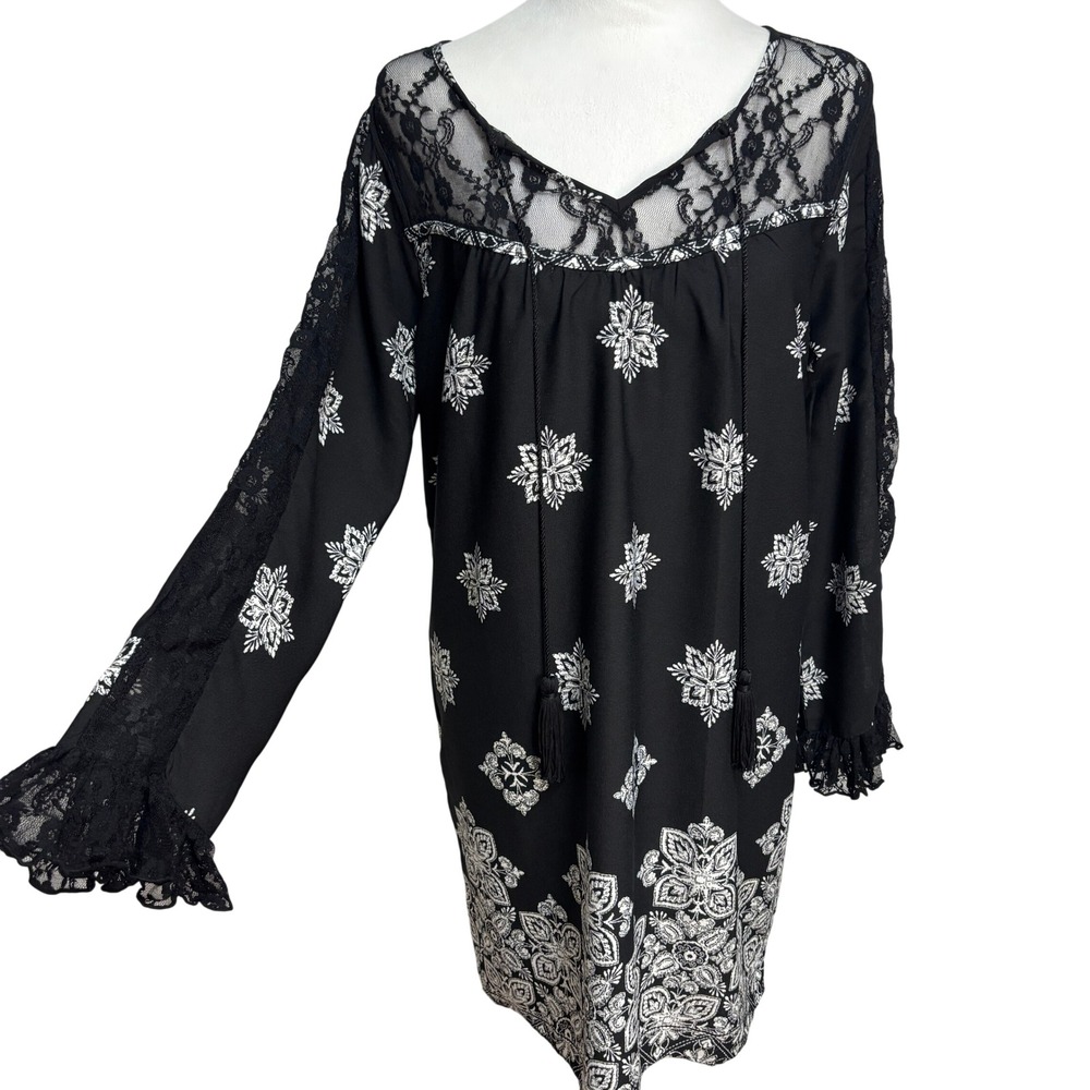 Venus Boho Tunic Dress Swim Cover Up Black Lace Tassel Medallion Festival S